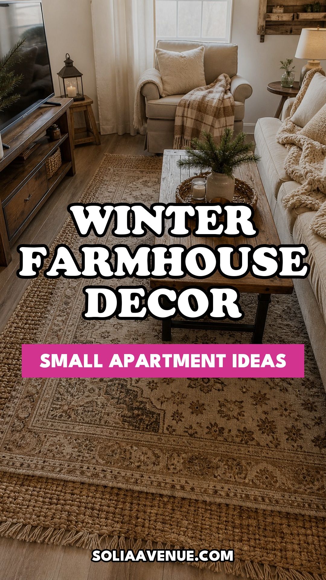Pinterest pin for Top 18 Winter Farmhouse Decor Ideas for Small Apartments from Solia Avenue.