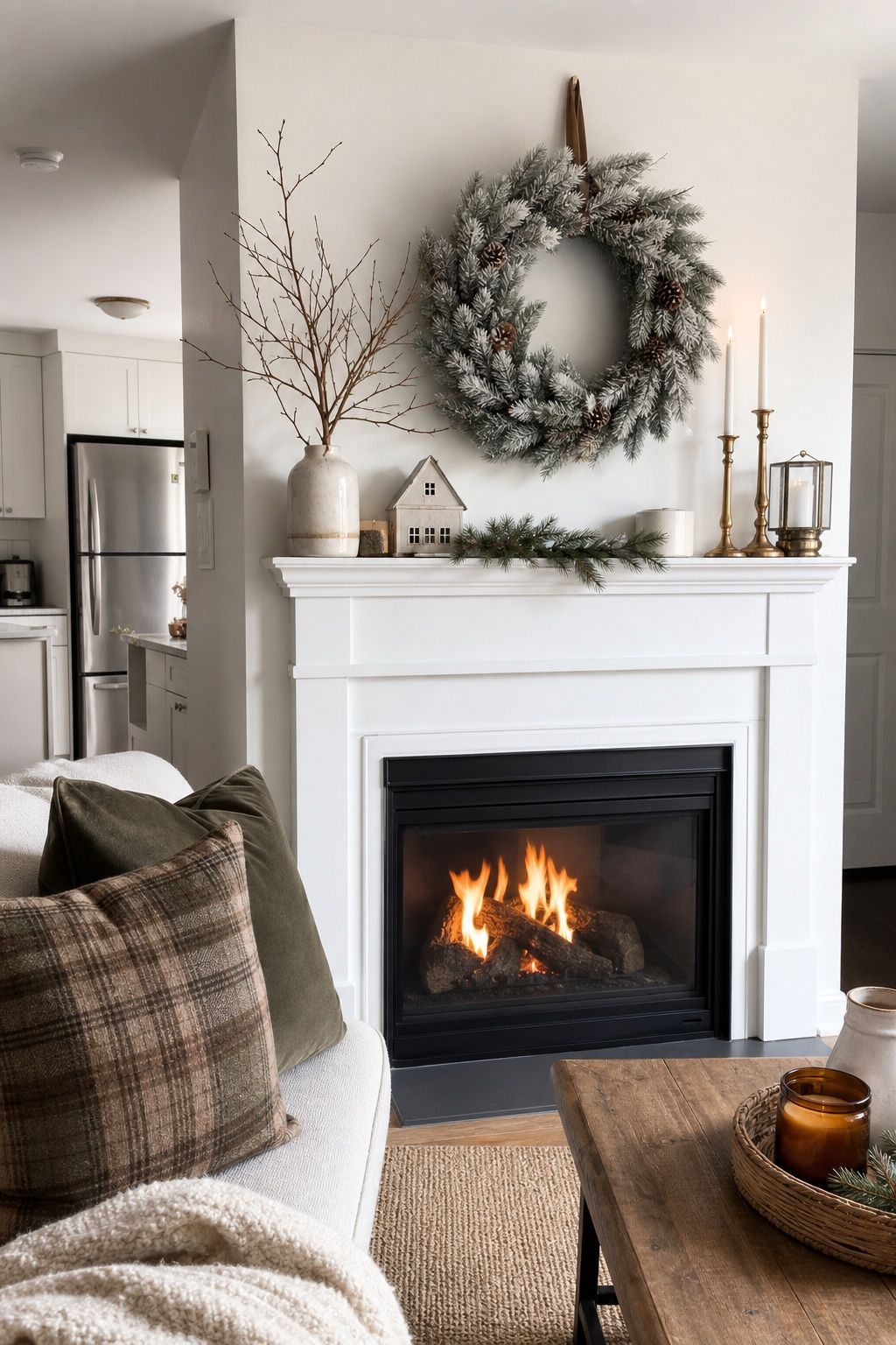 Hang a Frosted or Evergreen Wreath as the Anchor small apartment idea for Top 17 Winter Fireplace Decor Ideas for Small Spaces.