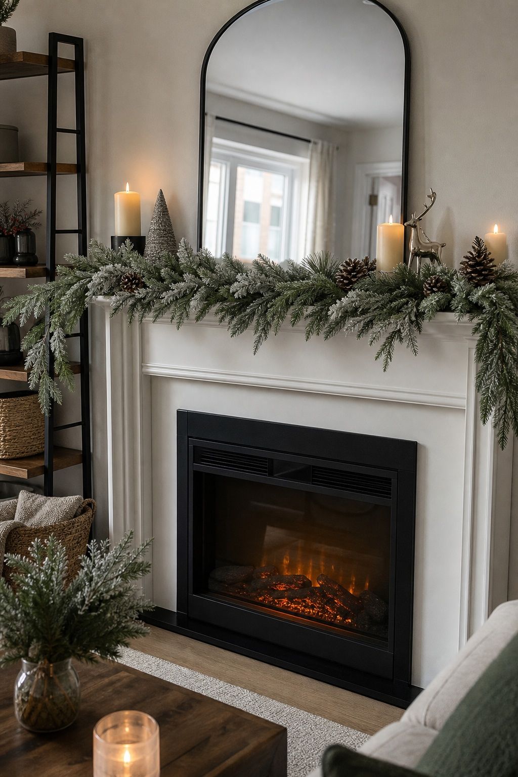 Drape a Winter Garland Across the Mantel Edge small apartment idea for Top 17 Winter Fireplace Decor Ideas for Small Spaces.