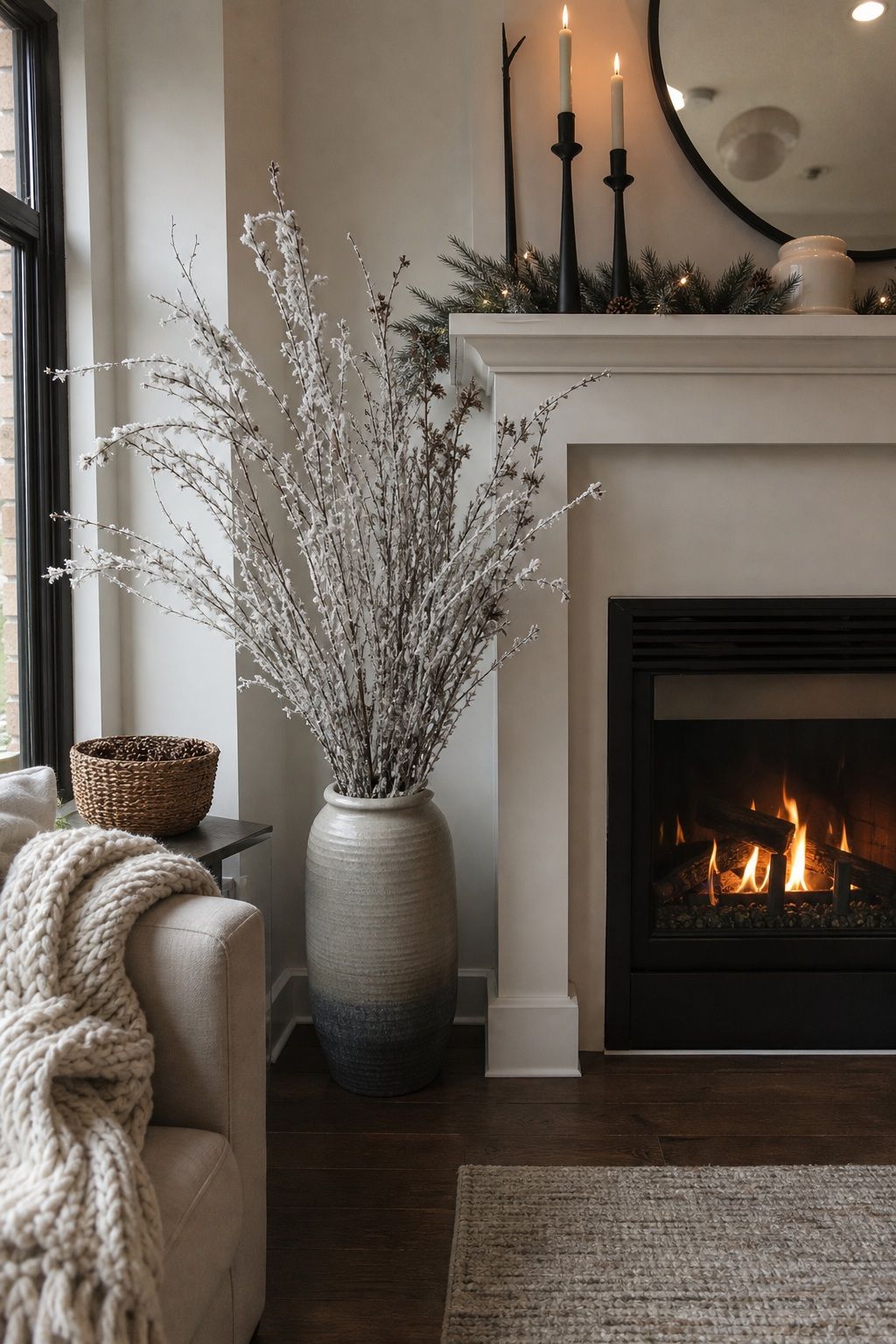 Add Tall Frosted Branches in a Floor Vase small apartment idea for Top 17 Winter Fireplace Decor Ideas for Small Spaces.