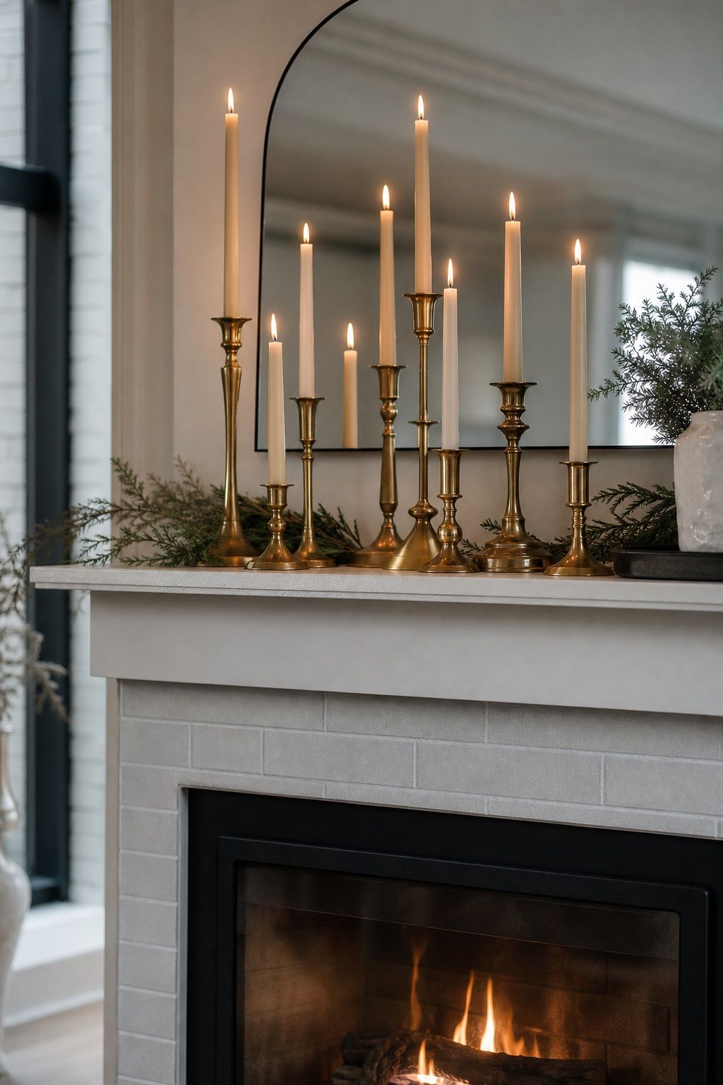 Cluster Brass Candle Holders Along the Ledge small apartment idea for Top 17 Winter Fireplace Decor Ideas for Small Spaces.