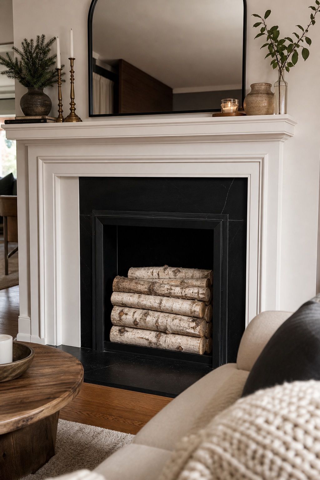 Stack Birch Logs in the Hearth Opening small apartment idea for Top 17 Winter Fireplace Decor Ideas for Small Spaces.