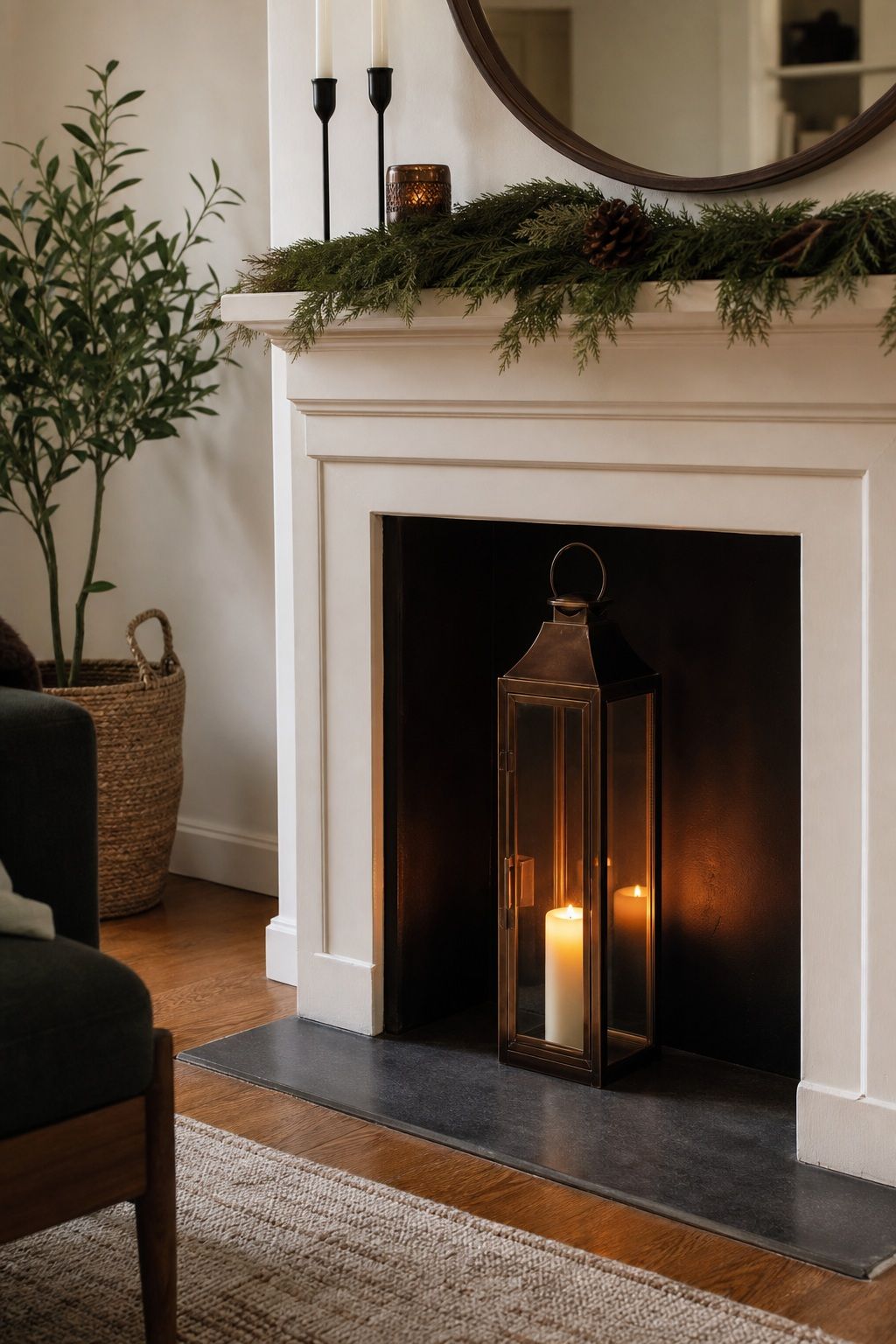 Place a Tall Lantern in the Hearth Opening small apartment idea for Top 17 Winter Fireplace Decor Ideas for Small Spaces.