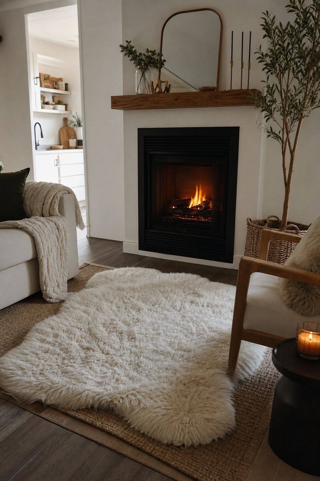 Layer a Winter Rug in Front of the Fireplace small apartment idea for Top 17 Winter Fireplace Decor Ideas for Small Spaces.