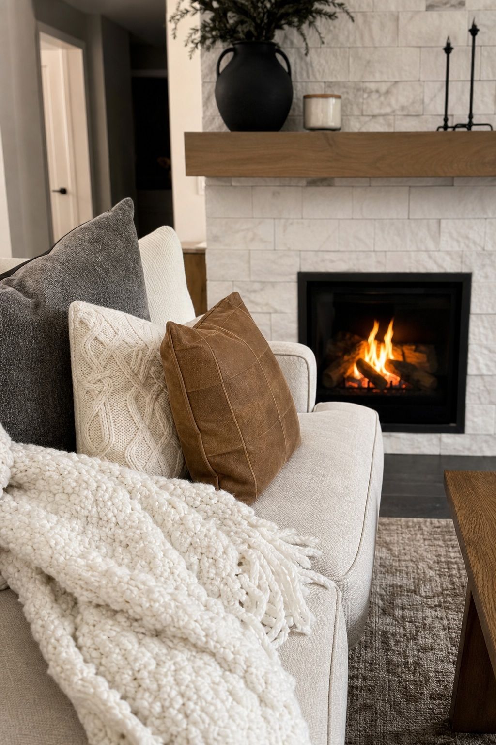 Add Winter Pillows and Throws to Nearby Seating small apartment idea for Top 17 Winter Fireplace Decor Ideas for Small Spaces.
