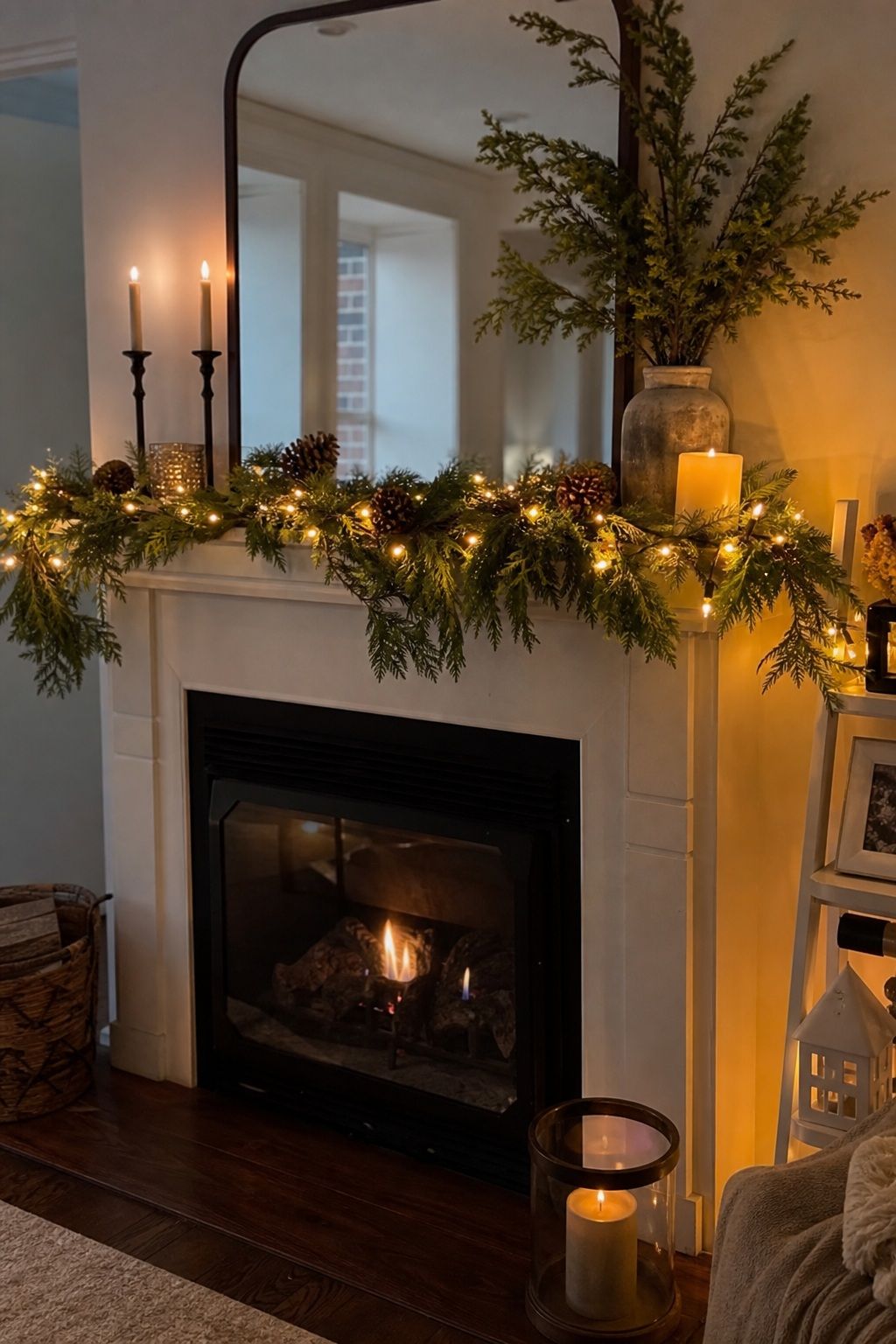 Weave Fairy Lights Through the Garland and Mantel small apartment idea for Top 17 Winter Fireplace Decor Ideas for Small Spaces.