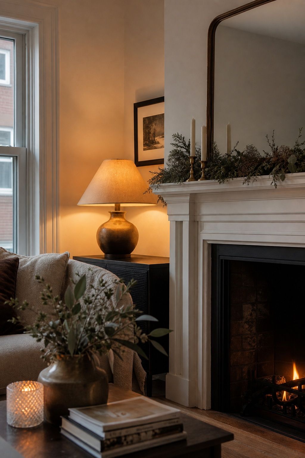 Add a Warm-Toned Lamp on One Side small apartment idea for Top 17 Winter Fireplace Decor Ideas for Small Spaces.