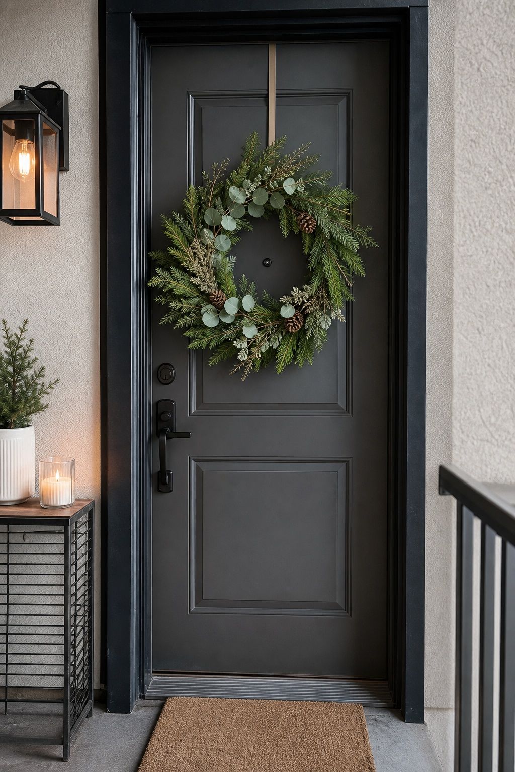 Hang a Cedar and Eucalyptus Mixed Wreath small apartment idea for Top 17 Winter Front Door Decor Ideas for Apartments.