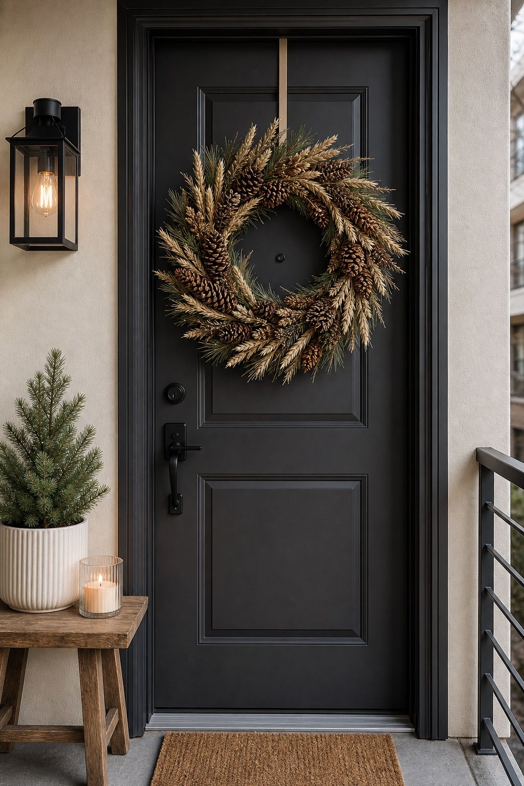 Use a Pinecone and Wheat Wreath for Texture small apartment idea for Top 17 Winter Front Door Decor Ideas for Apartments.