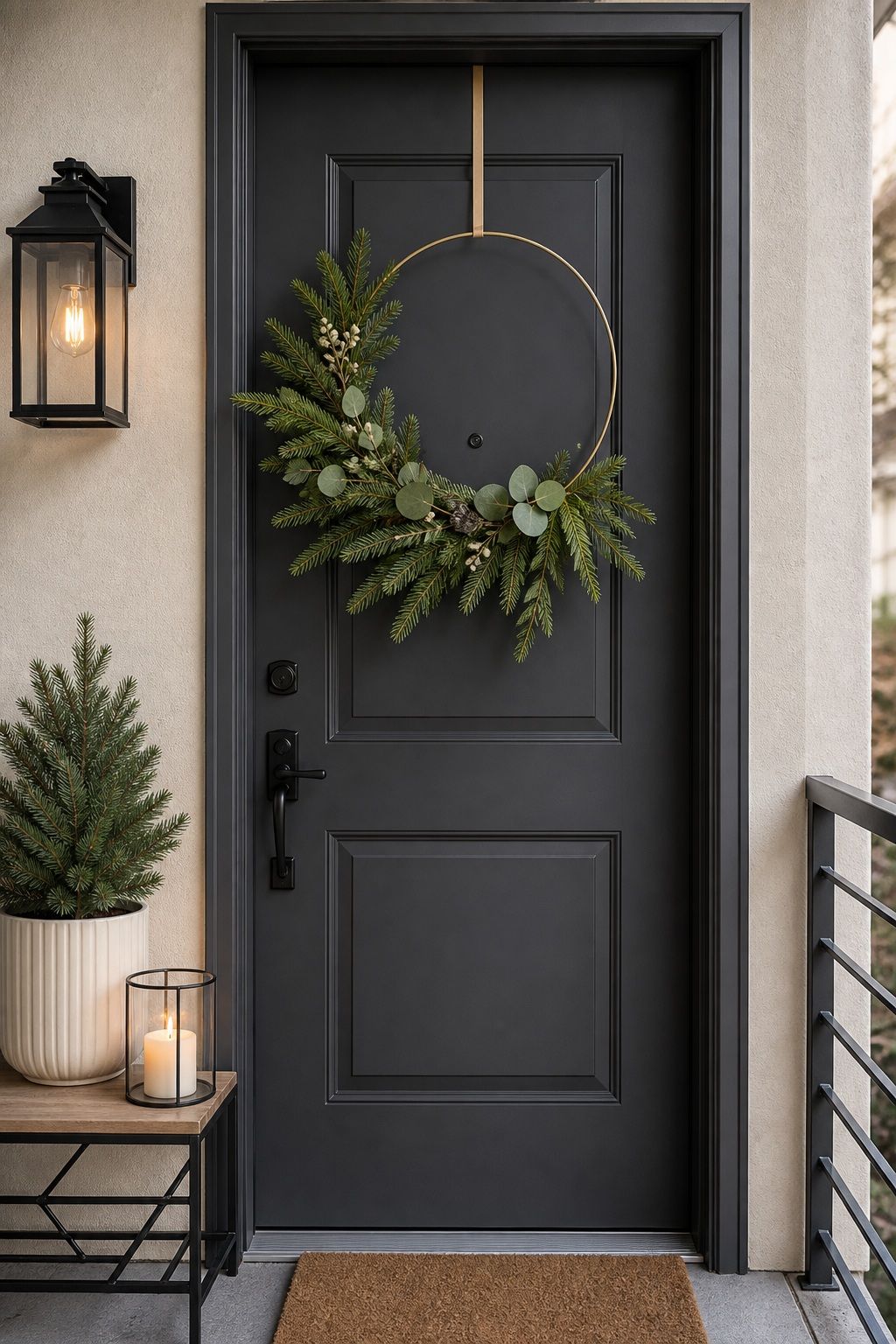 Try a Modern Wreath With Asymmetric Greenery small apartment idea for Top 17 Winter Front Door Decor Ideas for Apartments.