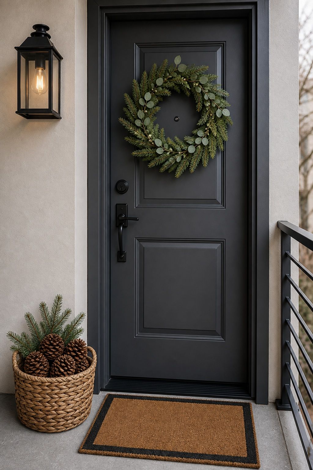 Cluster Pinecones in a Small Basket small apartment idea for Top 17 Winter Front Door Decor Ideas for Apartments.