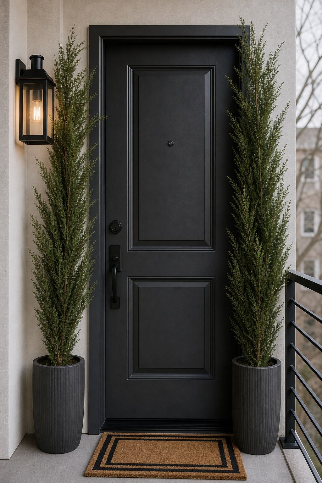 Frame the Door With Tall Cedar Stems in Planters small apartment idea for Top 17 Winter Front Door Decor Ideas for Apartments.