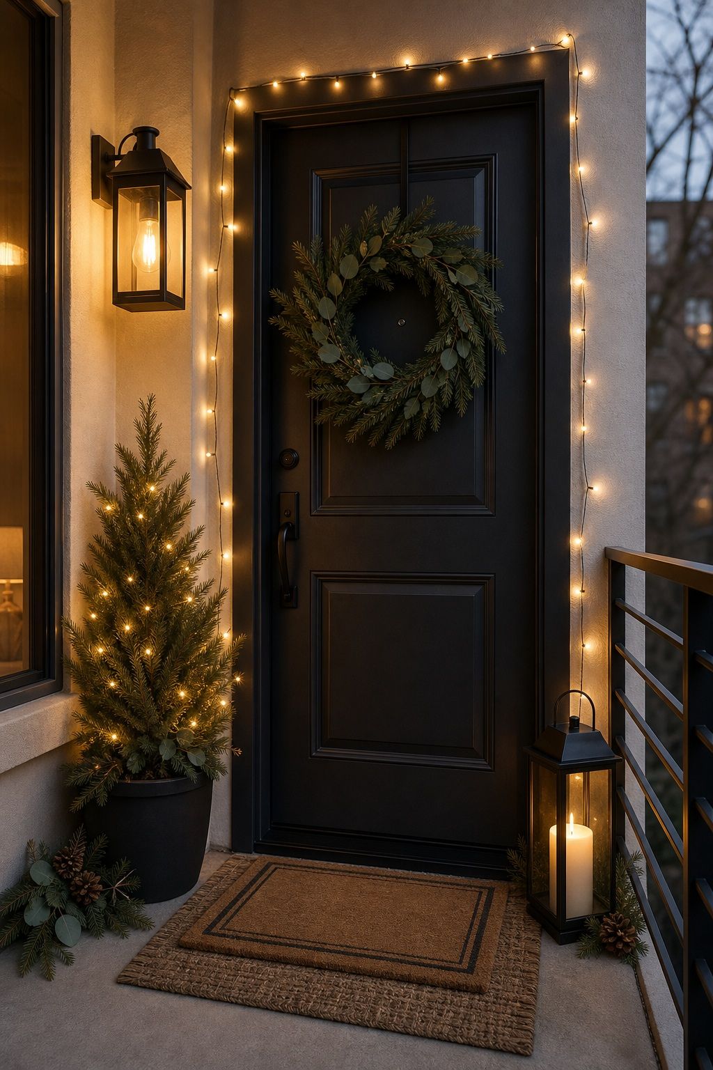 End With Layered Outdoor Lighting small apartment idea for Top 17 Winter Front Door Decor Ideas for Apartments.