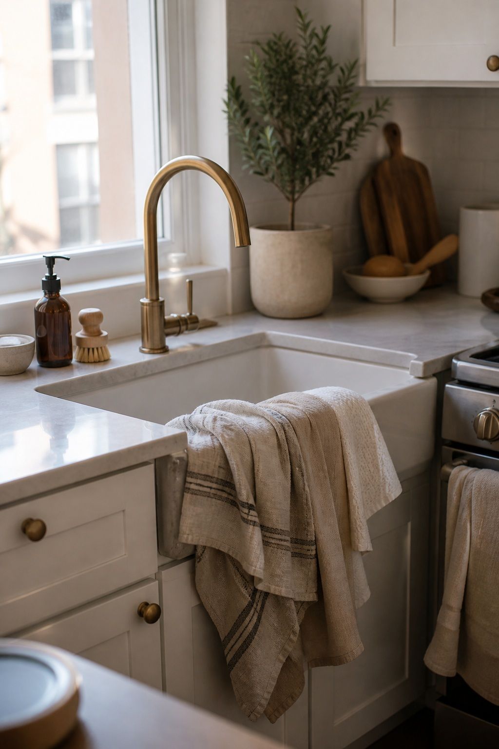 Layer in Brushed Linen Towels and Cloths small apartment idea for Top 18 Winter Kitchen Decor Ideas for Small Apartments.