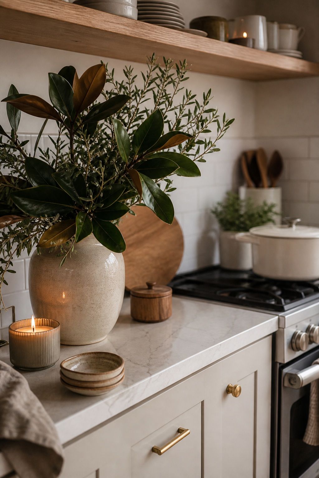 Add Winter Greenery Like Magnolia and Olive small apartment idea for Top 18 Winter Kitchen Decor Ideas for Small Apartments.
