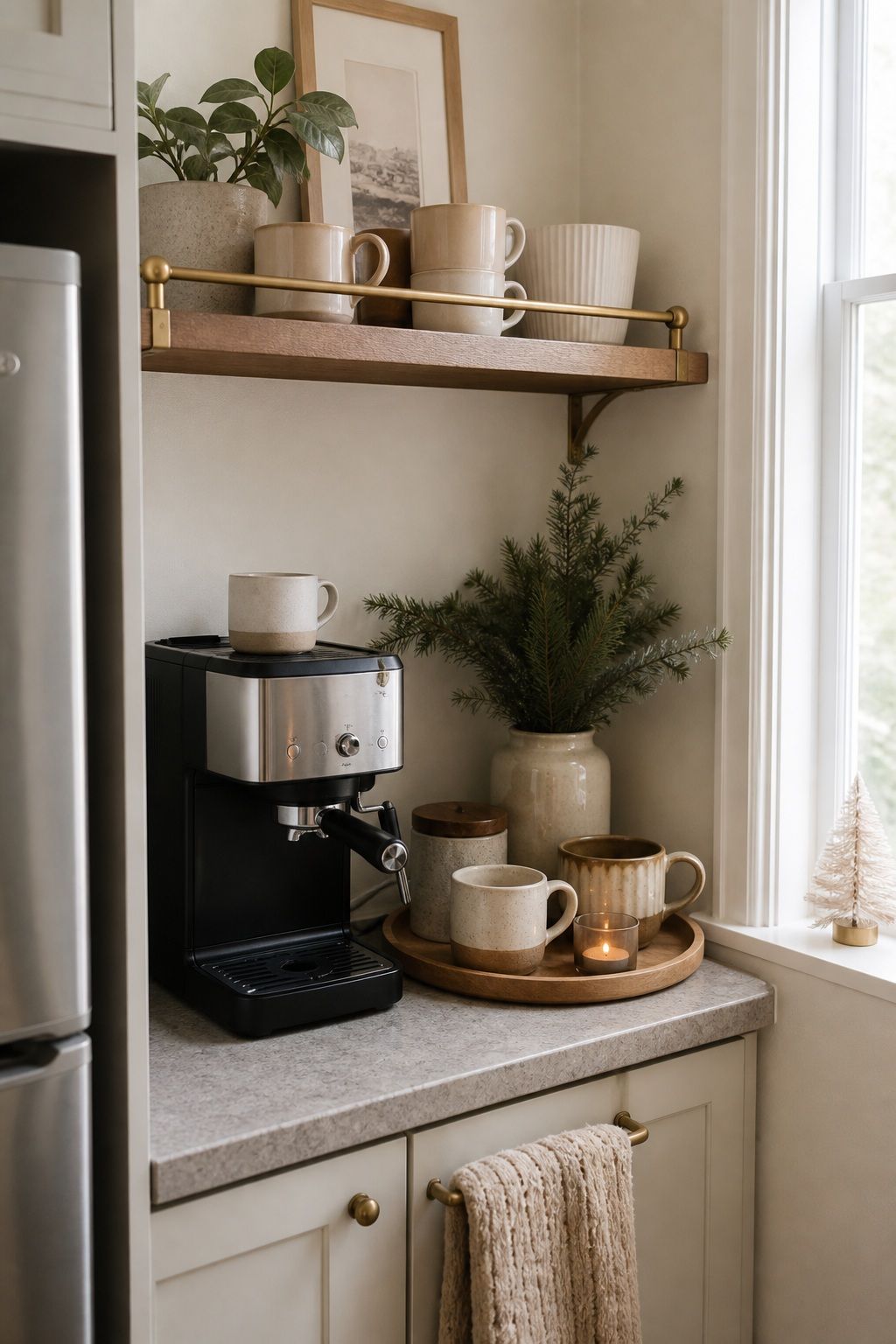 Style a Neutral Coffee Bar With Seasonal Mugs small apartment idea for Top 18 Winter Kitchen Decor Ideas for Small Apartments.