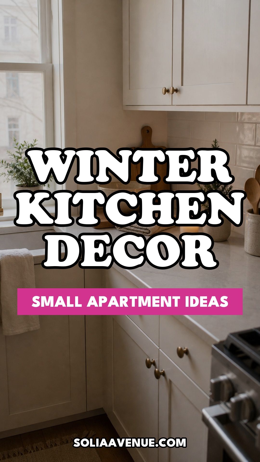 Pinterest pin for Top 18 Winter Kitchen Decor Ideas for Small Apartments from Solia Avenue.