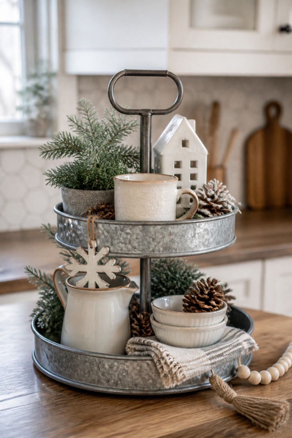 Use a Galvanized Metal Tray for Farmhouse Charm small apartment idea for Top 16 Winter Tiered Tray Decor Ideas for Small Spaces.