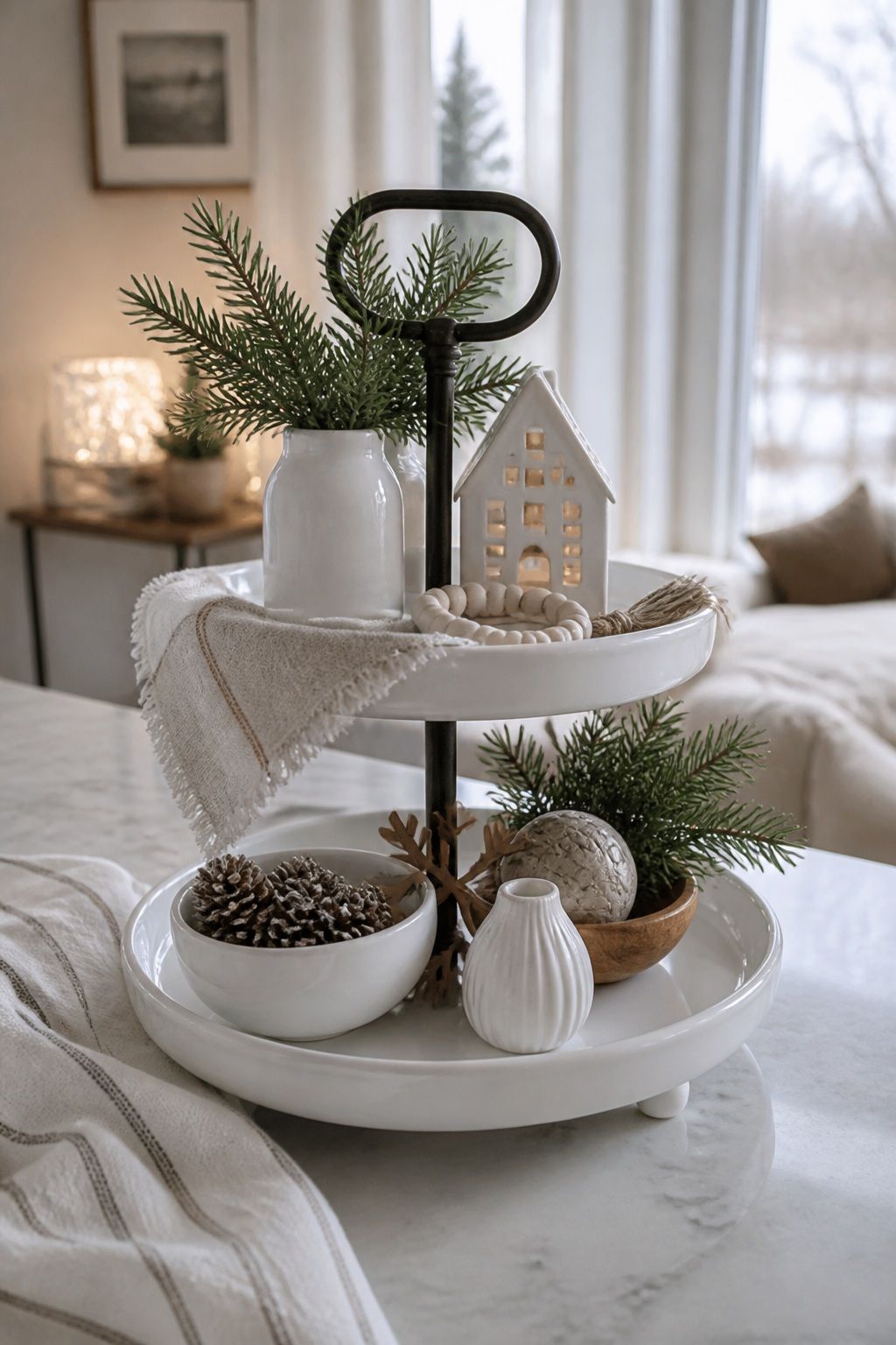 Pick a White Ceramic Tray for a Bright Winter Look small apartment idea for Top 16 Winter Tiered Tray Decor Ideas for Small Spaces.