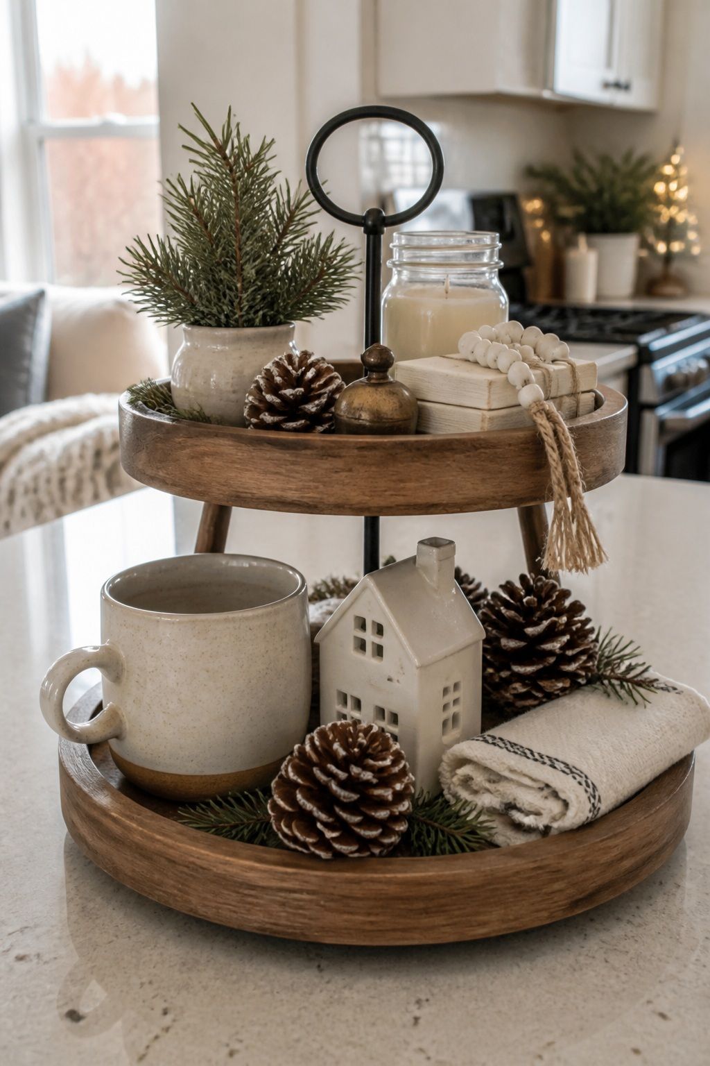 Anchor the Bottom Tier With Larger Pieces small apartment idea for Top 16 Winter Tiered Tray Decor Ideas for Small Spaces.