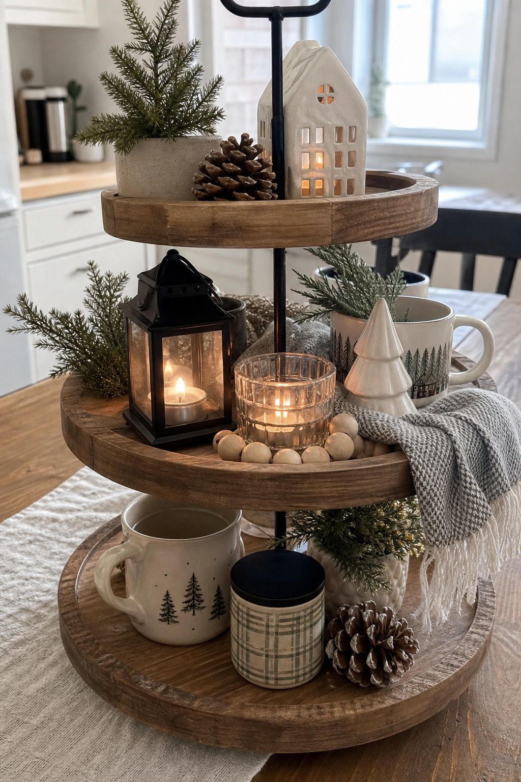 Fill the Middle Tier With Medium Accents and Light small apartment idea for Top 16 Winter Tiered Tray Decor Ideas for Small Spaces.
