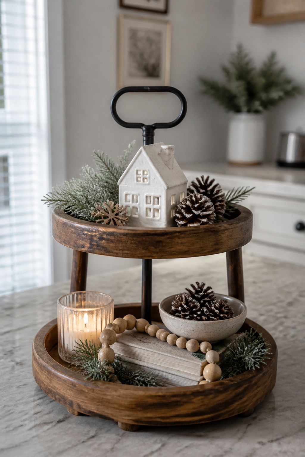 Top the Tray With One Small Focal Element small apartment idea for Top 16 Winter Tiered Tray Decor Ideas for Small Spaces.
