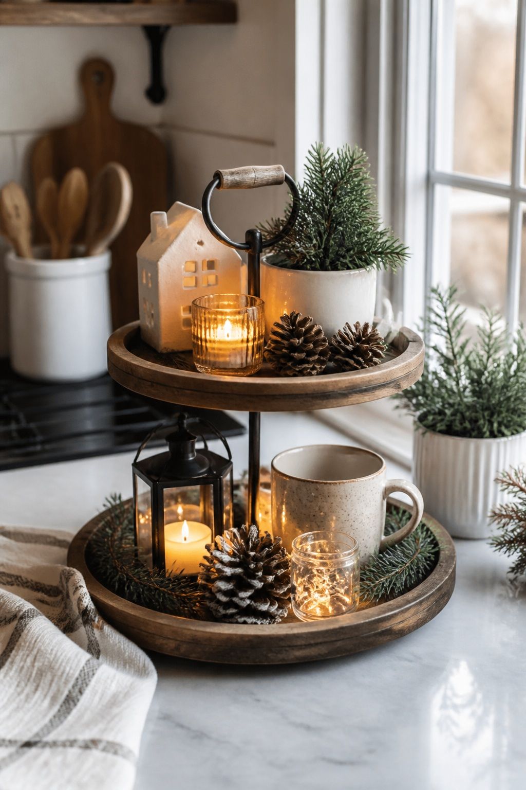 Add a Small Light Source to Every Tray small apartment idea for Top 16 Winter Tiered Tray Decor Ideas for Small Spaces.