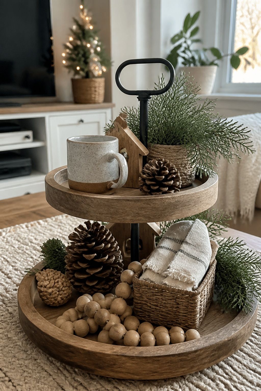 Layer in Natural Winter Textures small apartment idea for Top 16 Winter Tiered Tray Decor Ideas for Small Spaces.