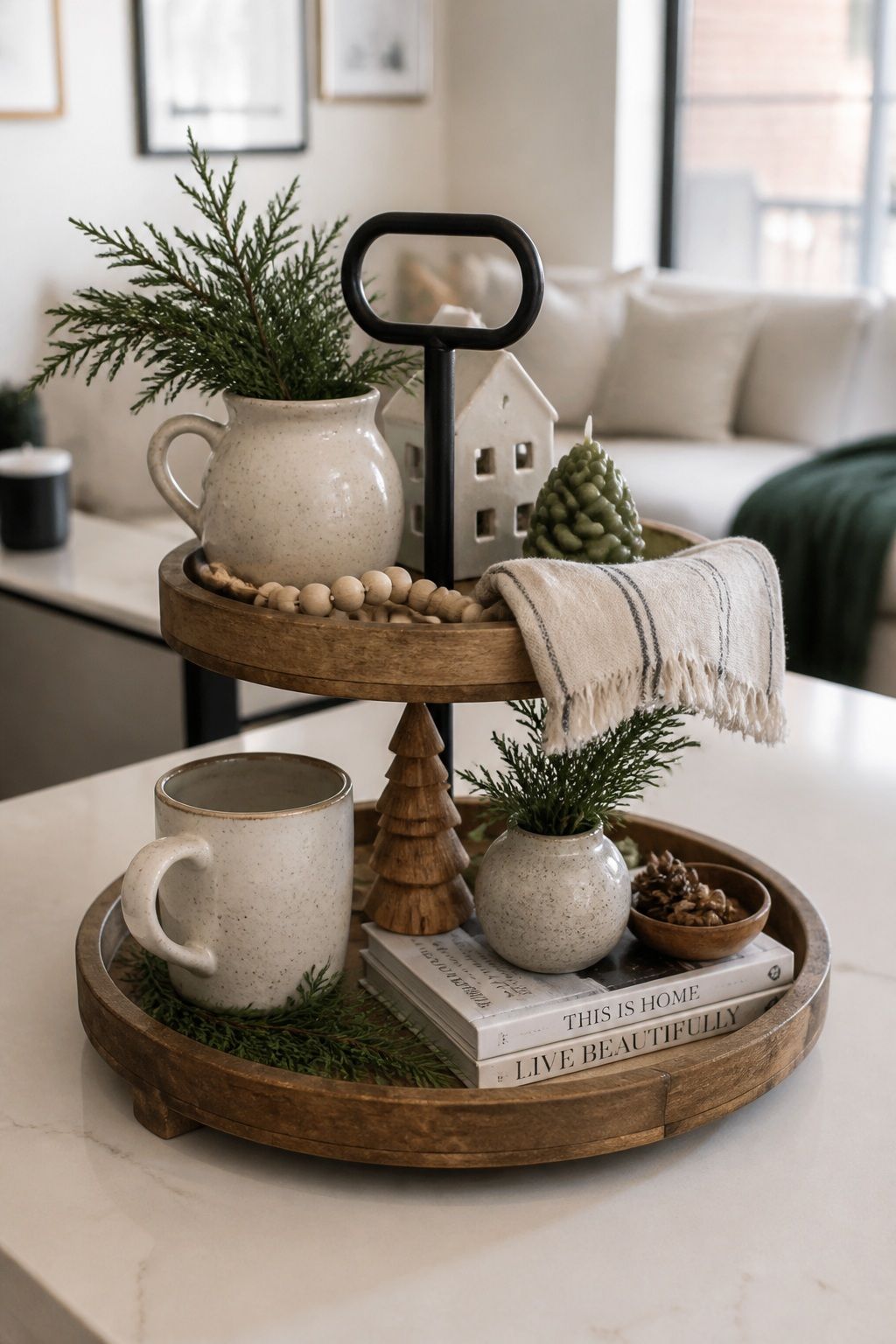 Keep the Color Palette to Three Tones small apartment idea for Top 16 Winter Tiered Tray Decor Ideas for Small Spaces.