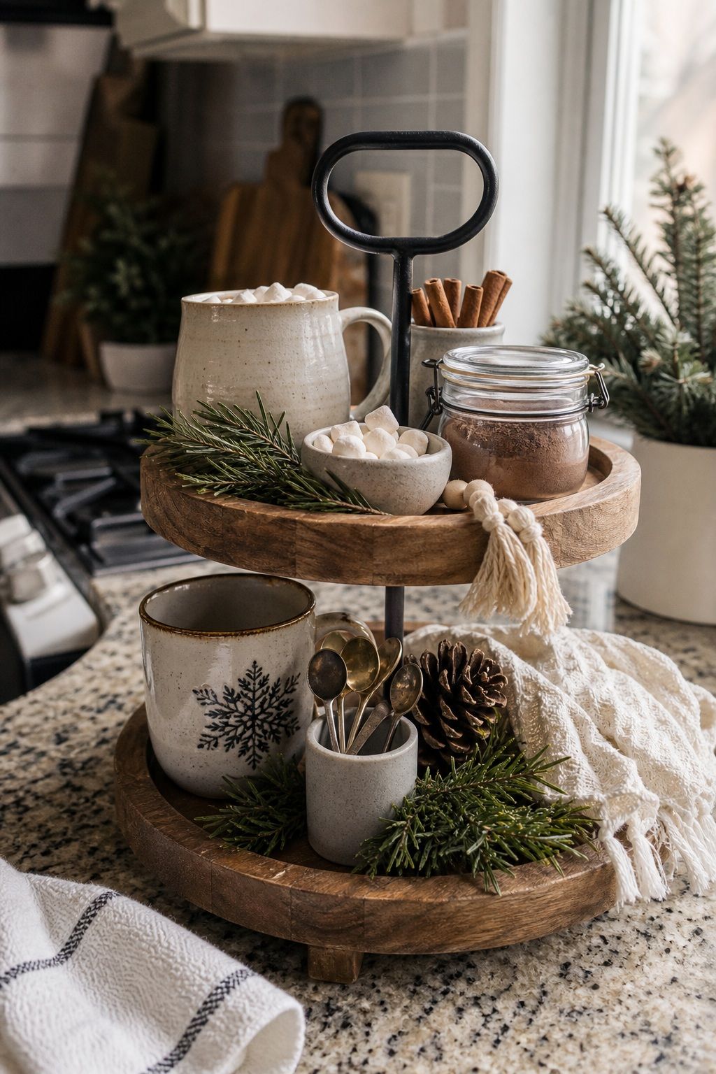 Build a Hot Cocoa Tiered Tray for the Kitchen small apartment idea for Top 16 Winter Tiered Tray Decor Ideas for Small Spaces.