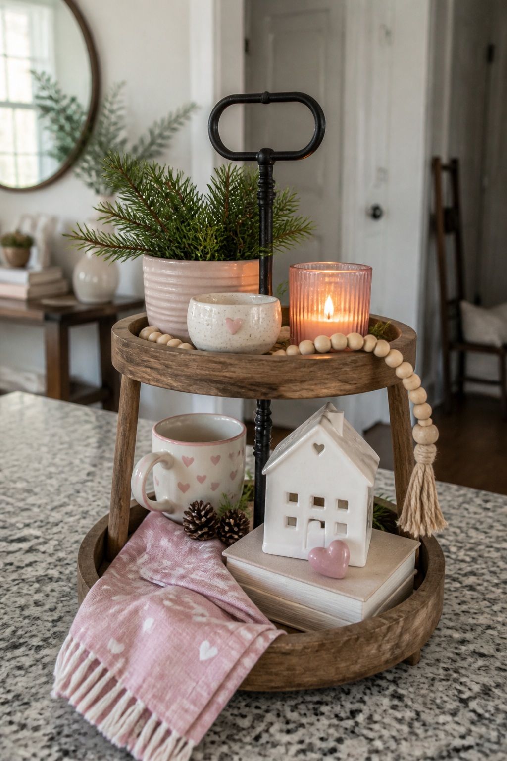 Style a Valentine's Transition Tray for February small apartment idea for Top 16 Winter Tiered Tray Decor Ideas for Small Spaces.
