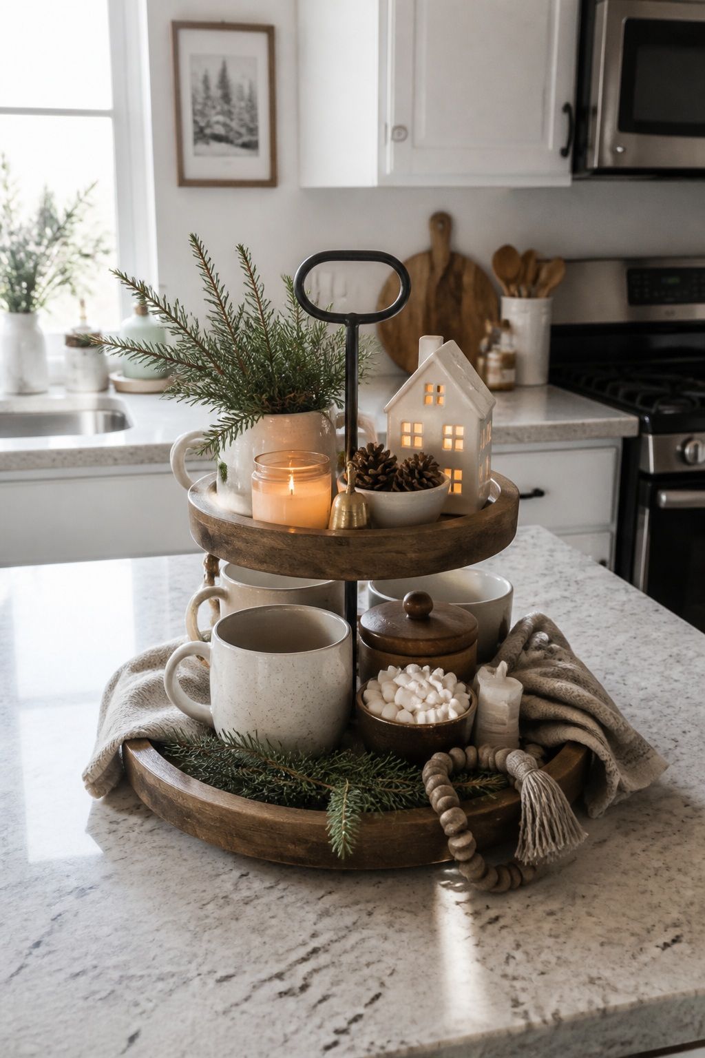 Place a Tiered Tray on the Kitchen Counter small apartment idea for Top 16 Winter Tiered Tray Decor Ideas for Small Spaces.