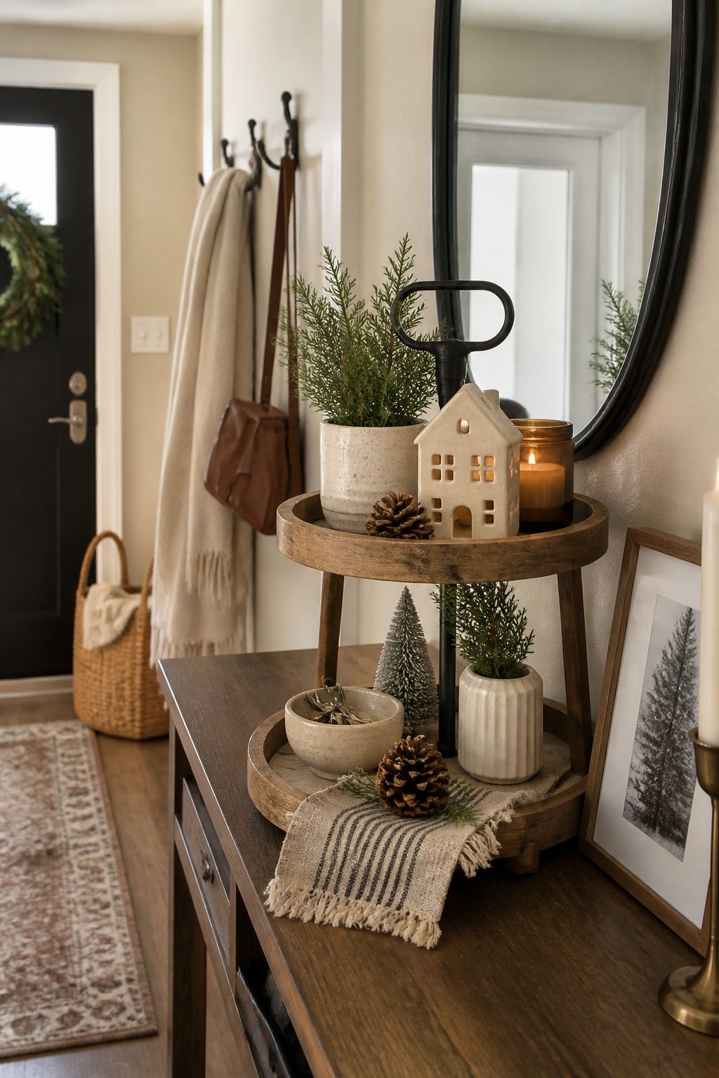 Style a Tiered Tray on the Entry Console small apartment idea for Top 16 Winter Tiered Tray Decor Ideas for Small Spaces.