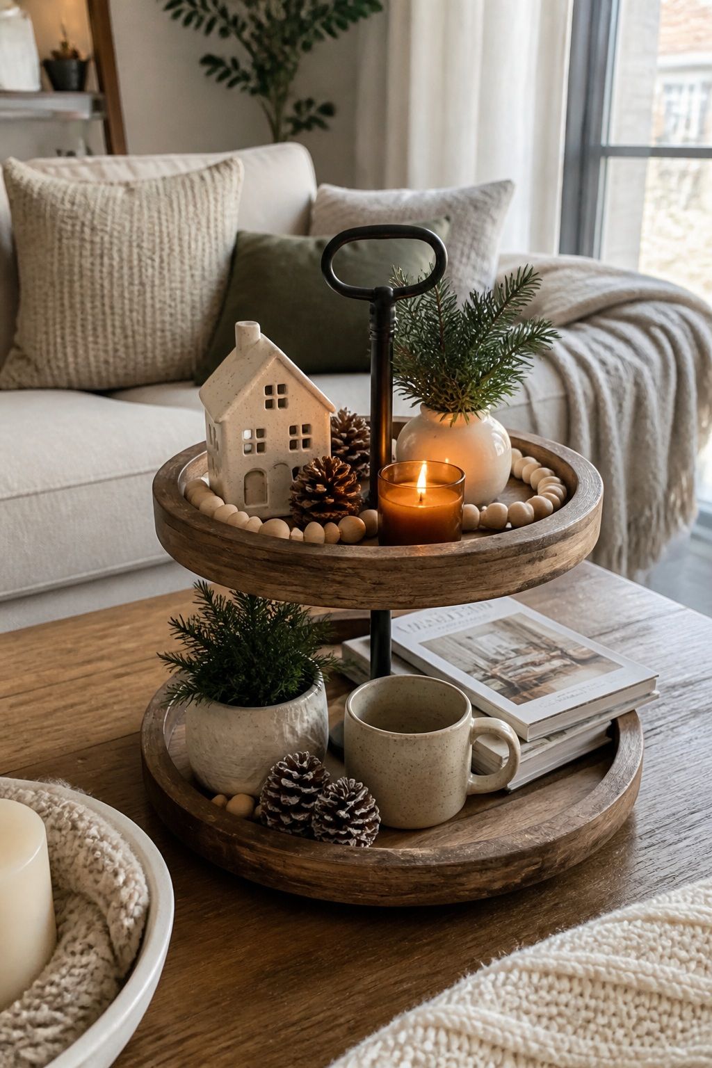 Use a Tiered Tray as a Coffee Table Centerpiece small apartment idea for Top 16 Winter Tiered Tray Decor Ideas for Small Spaces.