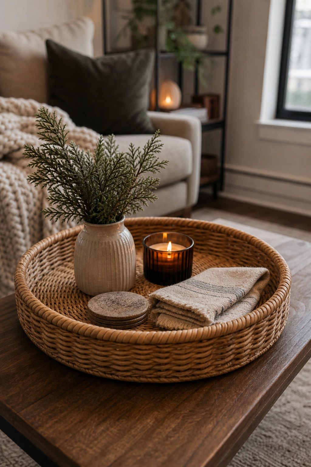 Choose a Rattan or Wicker Tray for Texture small apartment idea for Top 16 Winter Tray Decor Ideas for Small Spaces.