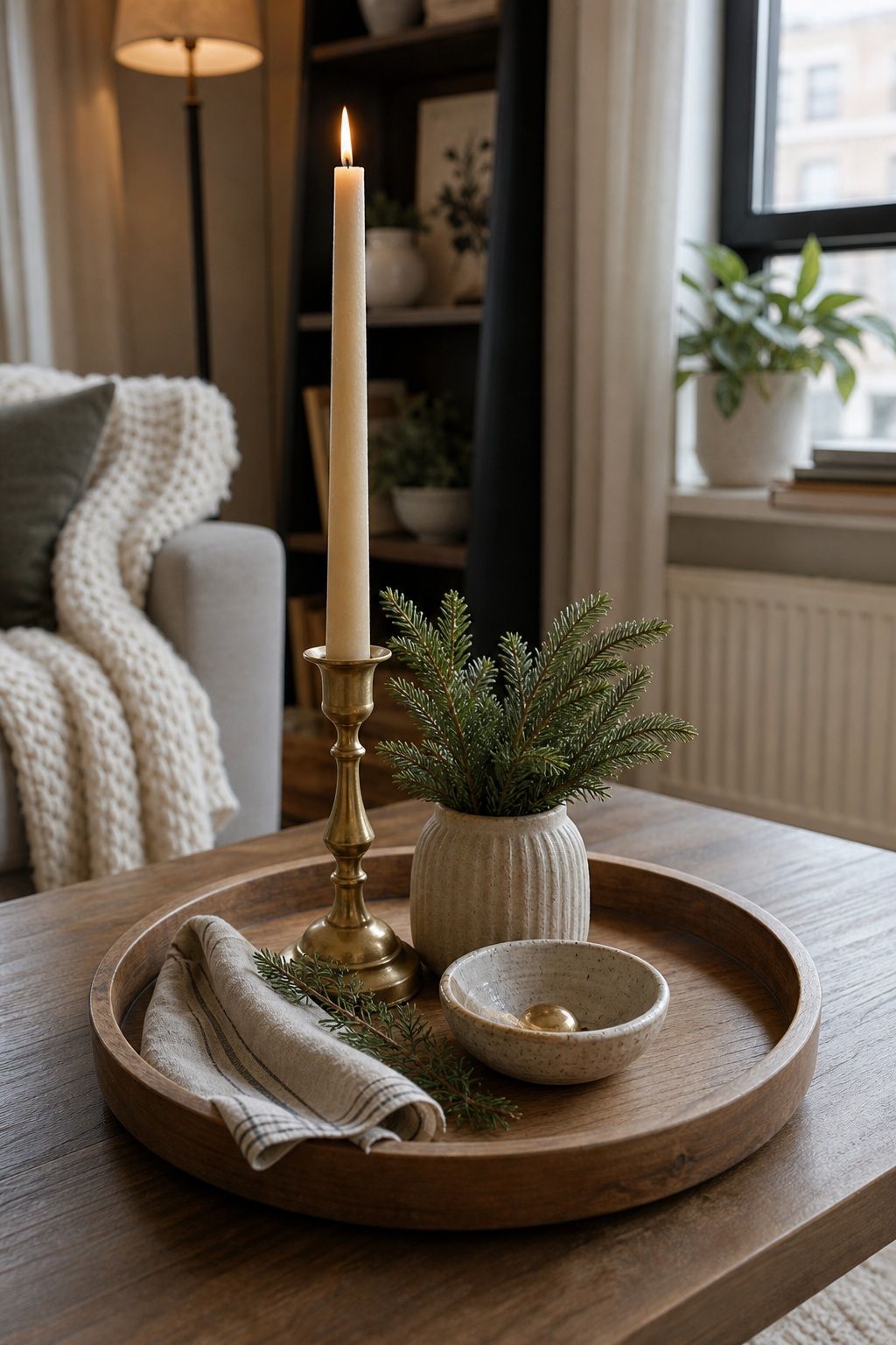 Add a Tall Candle as the Vertical Anchor small apartment idea for Top 16 Winter Tray Decor Ideas for Small Spaces.