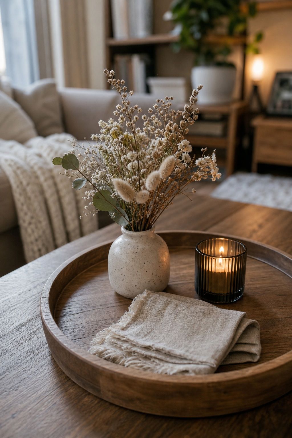 Place a Small Dried Floral Arrangement small apartment idea for Top 16 Winter Tray Decor Ideas for Small Spaces.