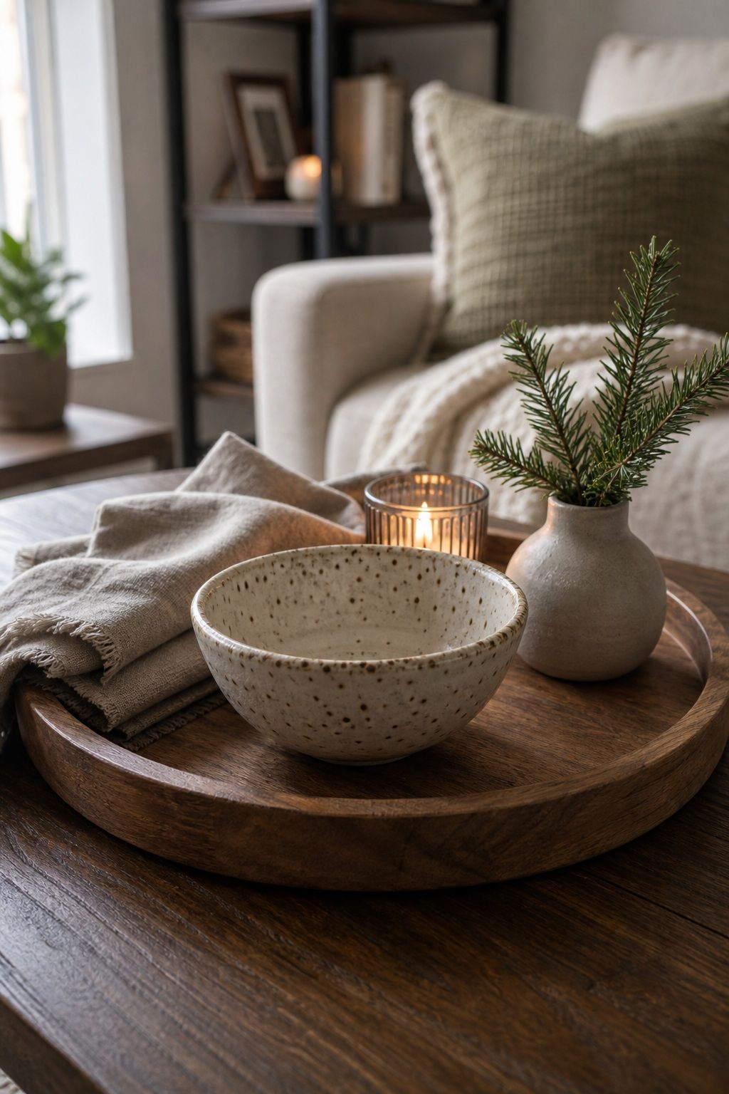 Add a Small Ceramic Bowl for Texture small apartment idea for Top 16 Winter Tray Decor Ideas for Small Spaces.