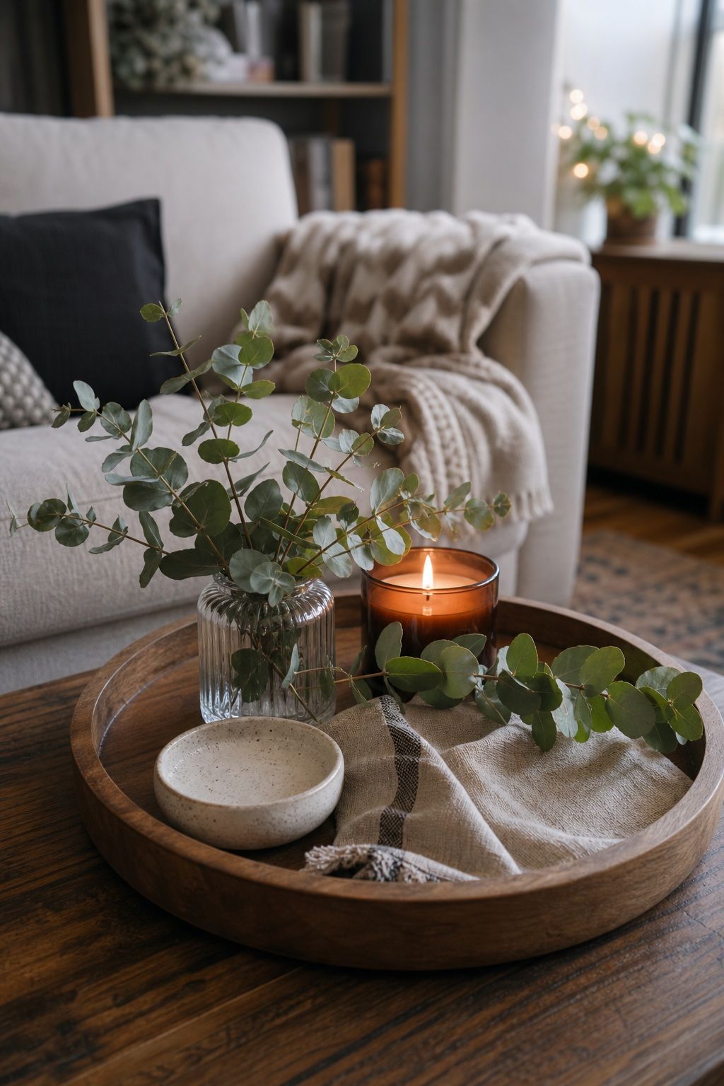 Tuck a Sprig of Eucalyptus or Greenery small apartment idea for Top 16 Winter Tray Decor Ideas for Small Spaces.