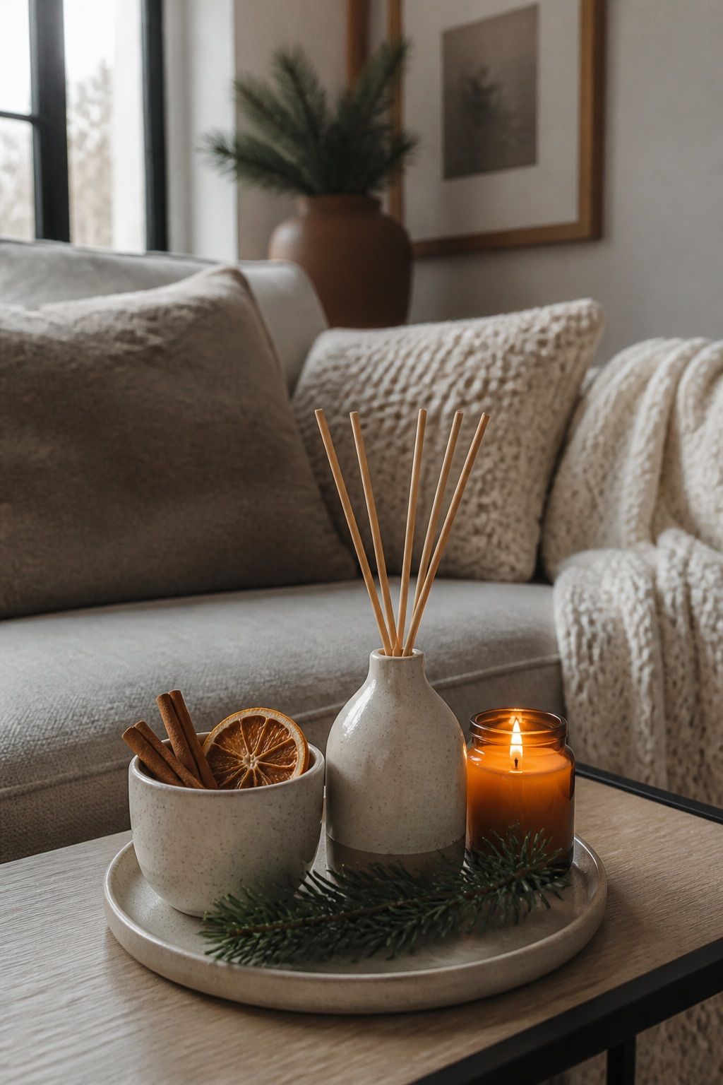 Use a Reed Diffuser Tucked Behind Other Elements small apartment idea for Top 16 Winter Tray Decor Ideas for Small Spaces.