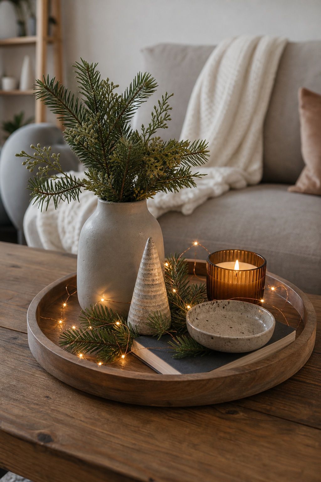 Add Small Fairy Lights Tucked Among the Elements small apartment idea for Top 16 Winter Tray Decor Ideas for Small Spaces.