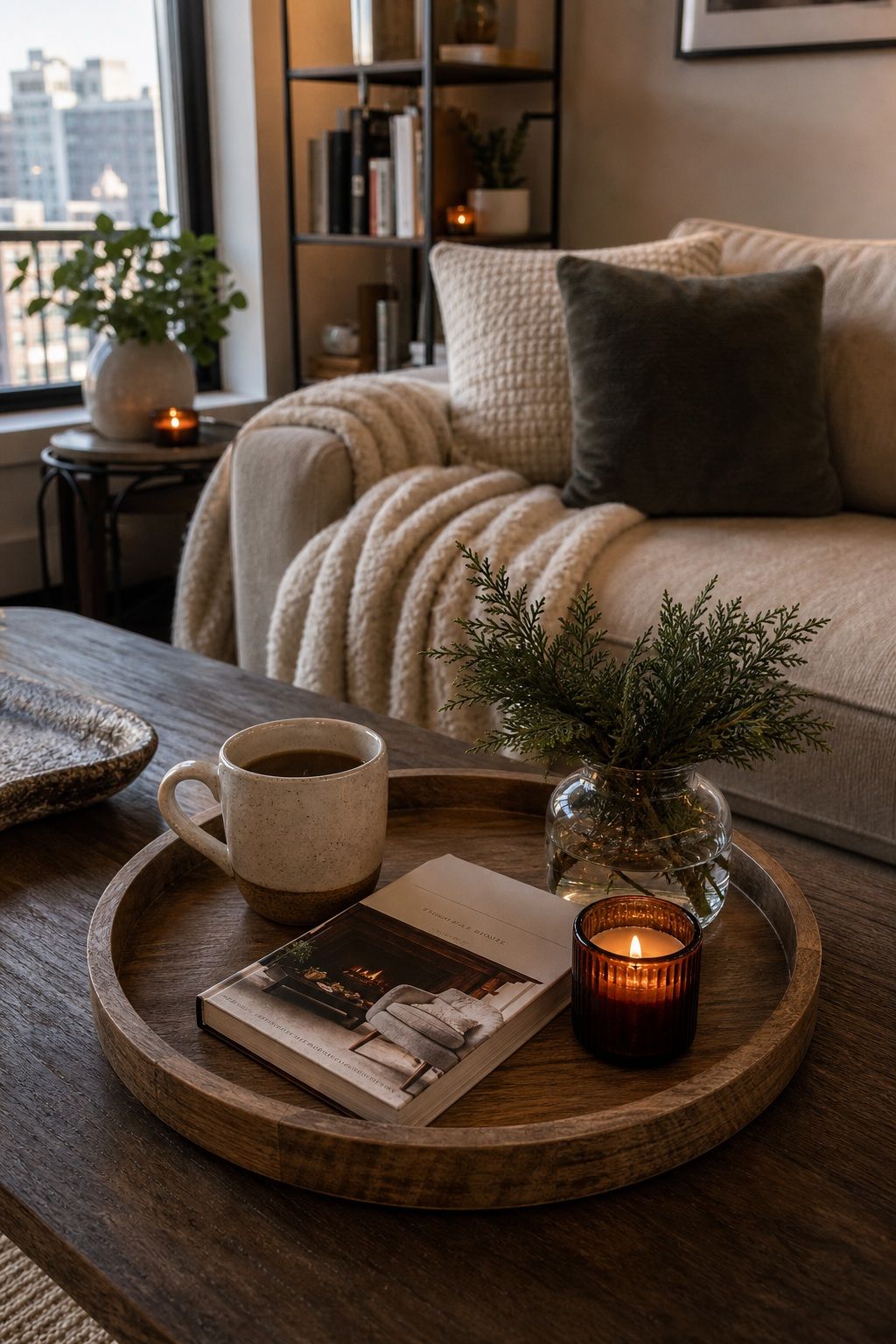 Style a Coffee Table Tray for Lingering Hours small apartment idea for Top 16 Winter Tray Decor Ideas for Small Spaces.