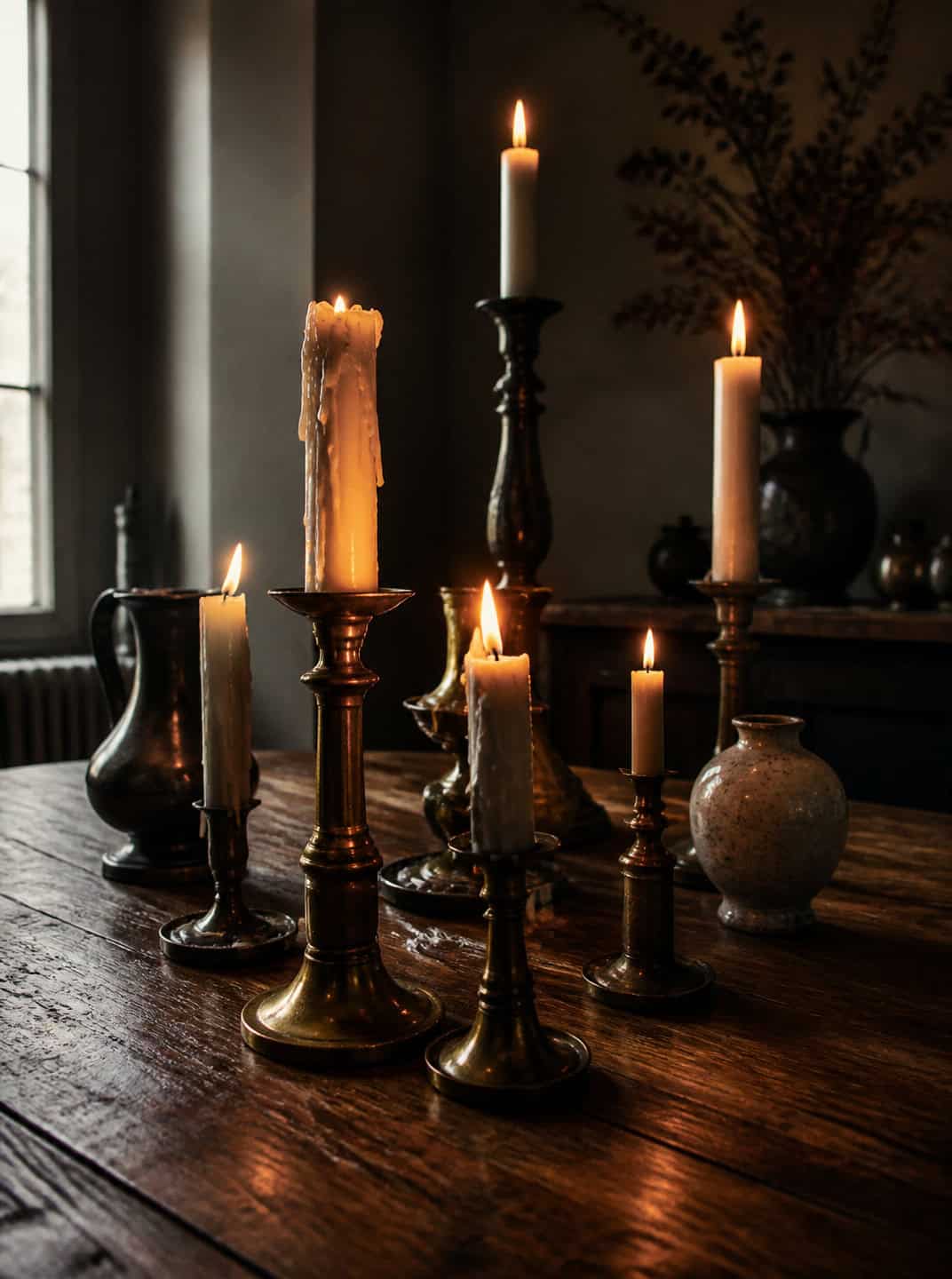 Candlelit halloween centerpiece ideas on a rustic wooden table.