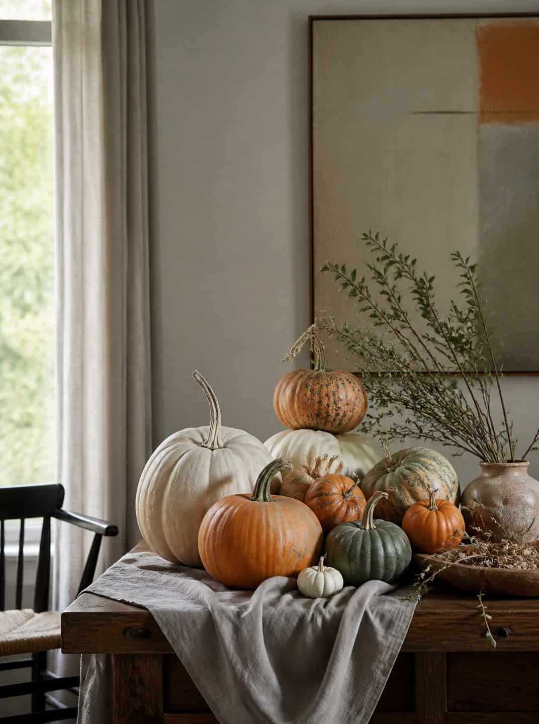 Halloween centerpiece ideas: assorted pumpkins and gourds on a rustic table