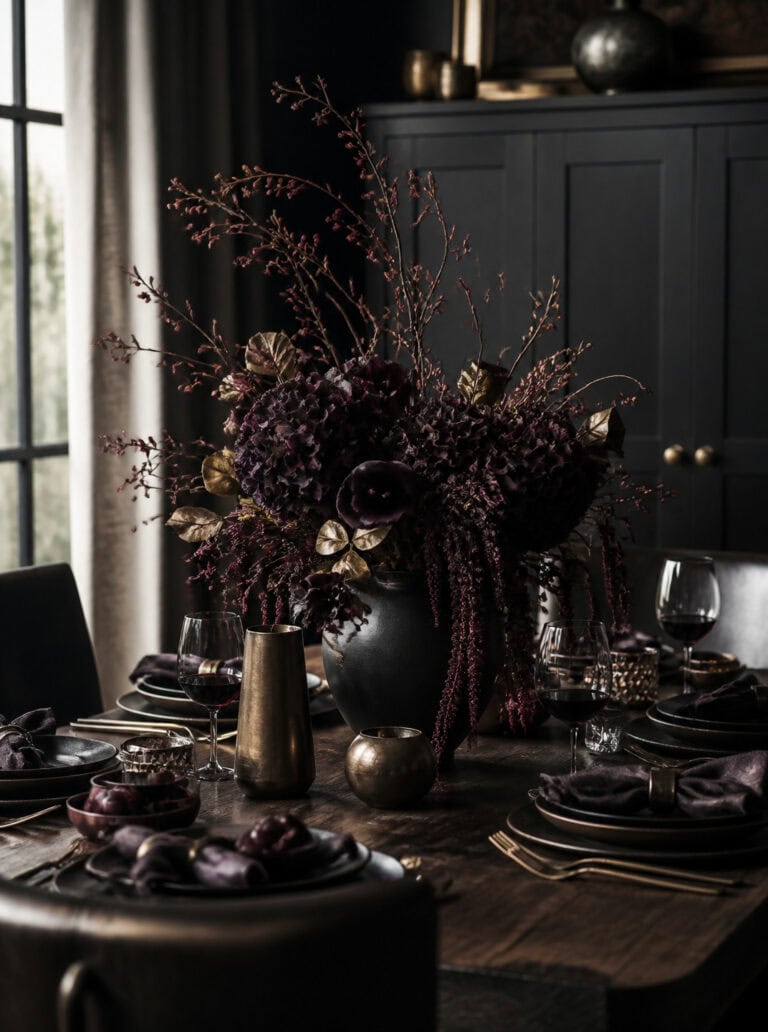 Dark, moody Halloween centerpiece with deep purple flowers and brass accents.