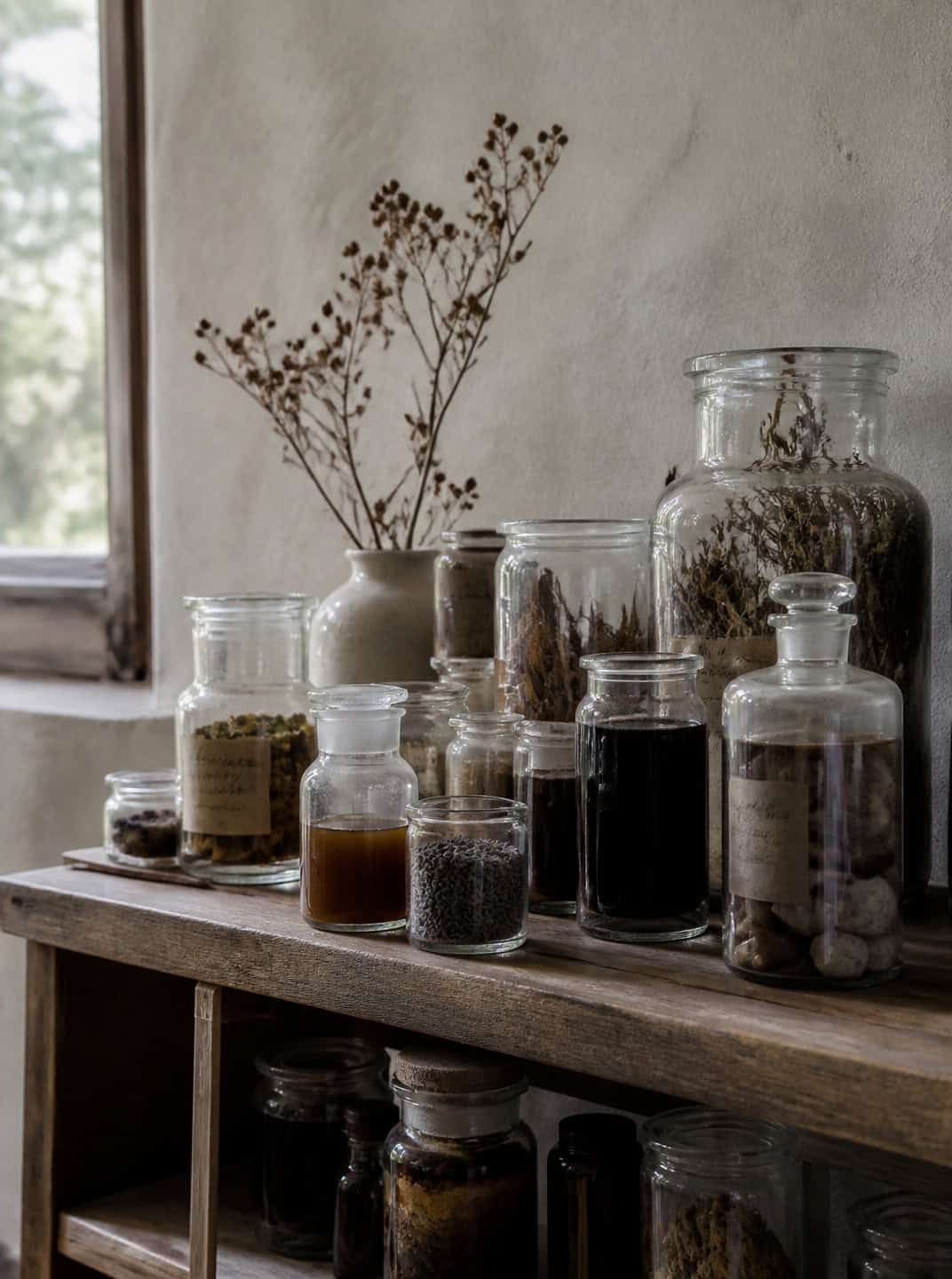 Apothecary jars with dried herbs and botanicals, a rustic halloween centerpiece idea.