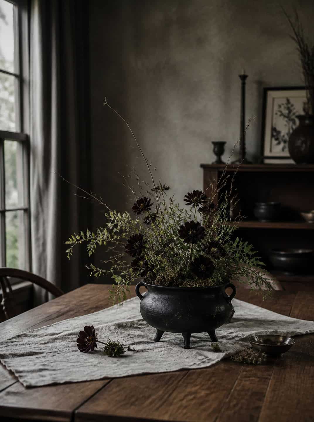 Dark floral halloween centerpiece in a cauldron