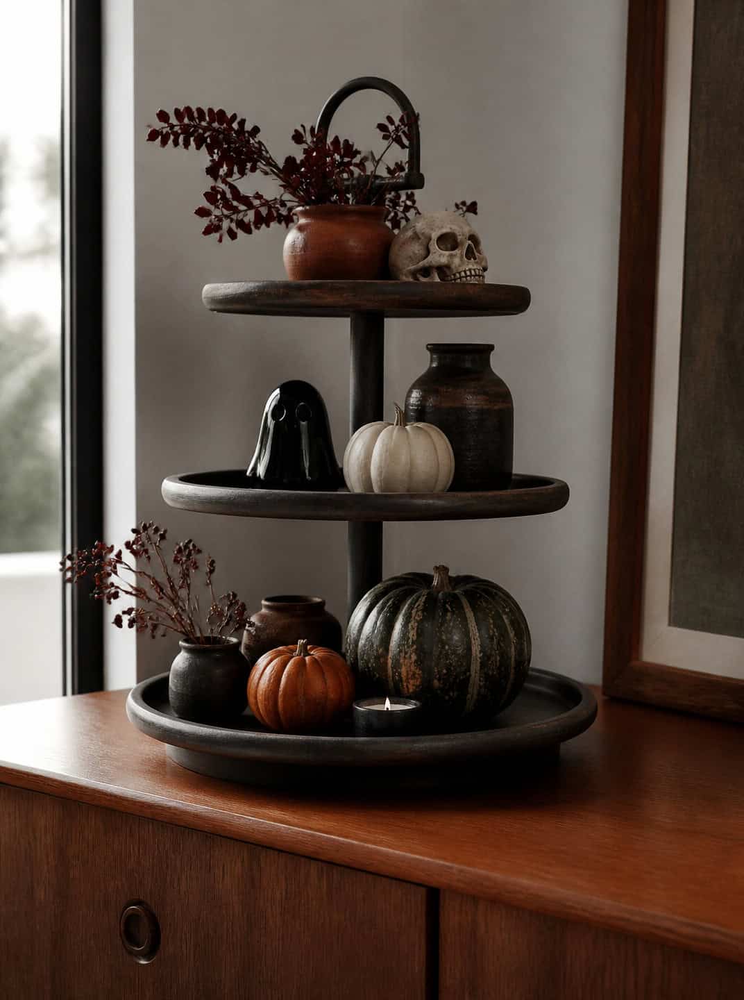 Tiered tray halloween centerpiece with pumpkins, skull, and ghost
