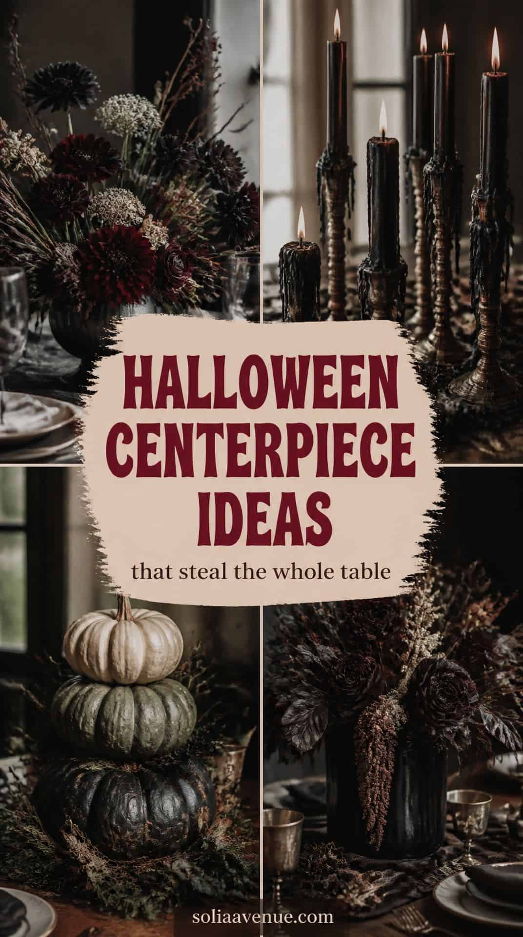 Collage of Halloween centerpiece ideas: floral arrangements, candles, and pumpkins.