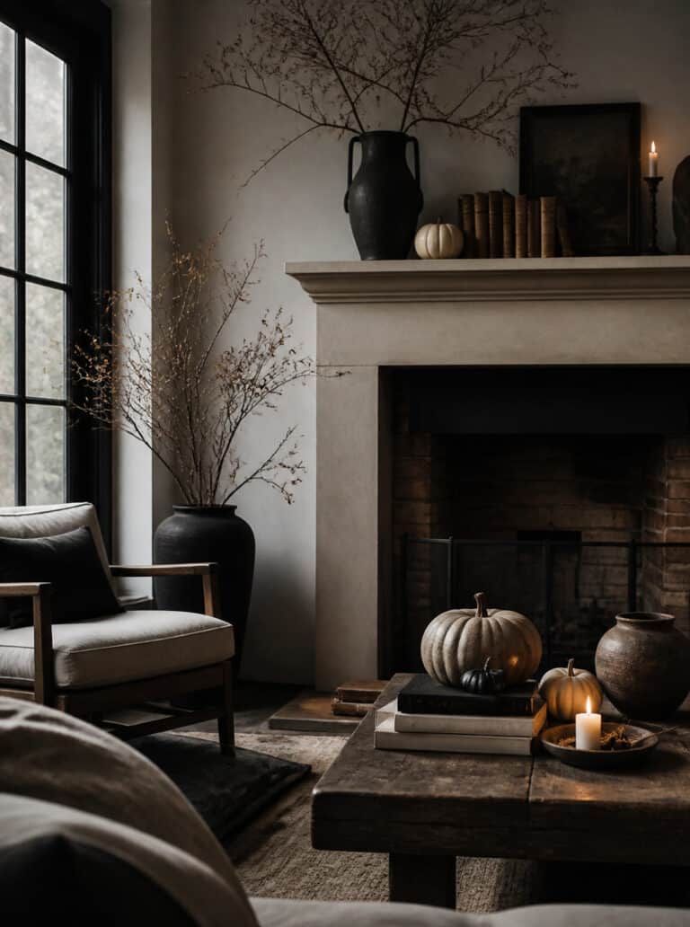 Cozy living room with pumpkins and fall decor, indoor Halloween decoration ideas.